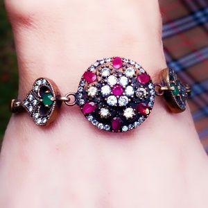 Vintage Ruby & Emerald Sterling Silver Ottoman Bracelet